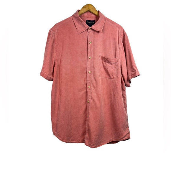 Nat Nast Mens Short Sleeve Red Button Down Shirt Size L Silk Cotton - Picture 1 of 11